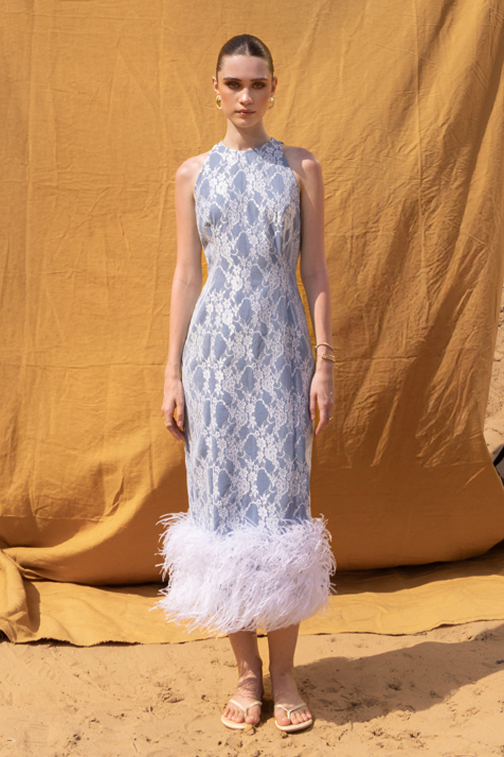 feather midi dress Del Rio feather-trimmed Clover Lace Feather Midi Dress