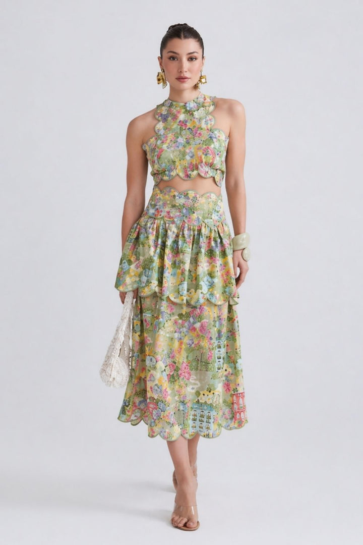 Casa Scalloped Top And Skirt Linen Set