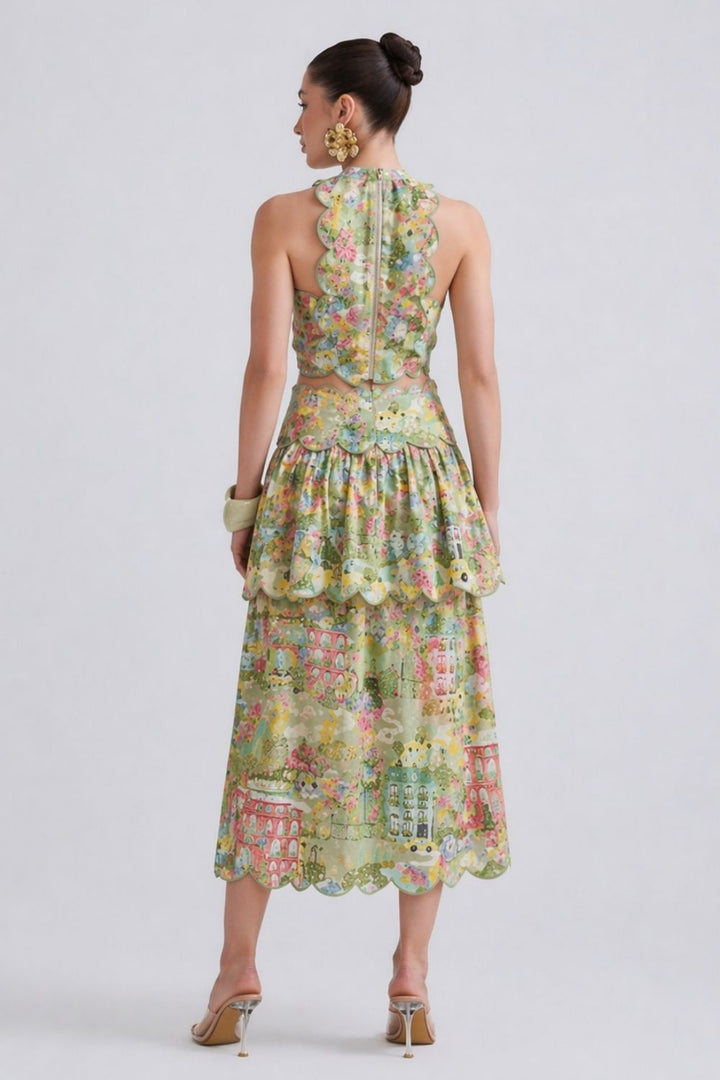 Casa Scalloped Top And Skirt Linen Set