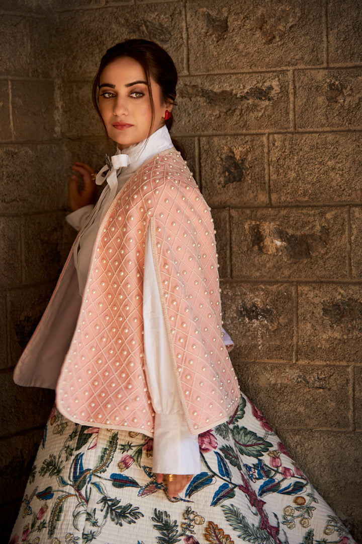 Kusha Kapila In Our Pale Pink Pearl Embellished Cape