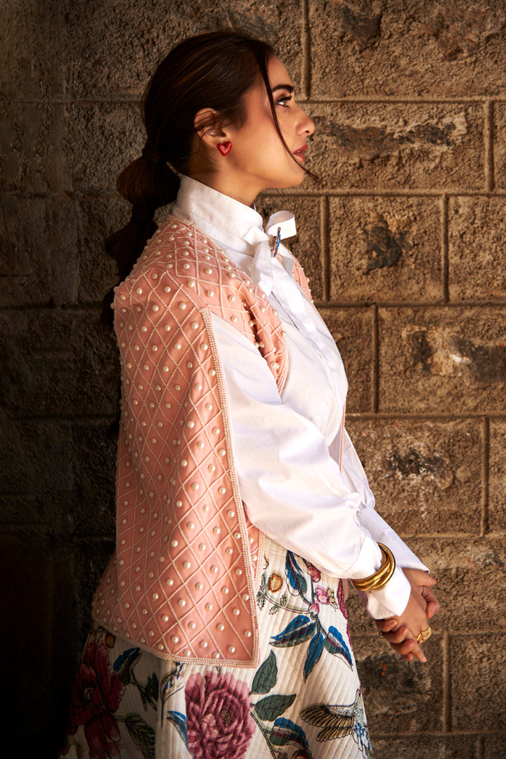 Kusha Kapila In Our Pale Pink Pearl Embellished Cape