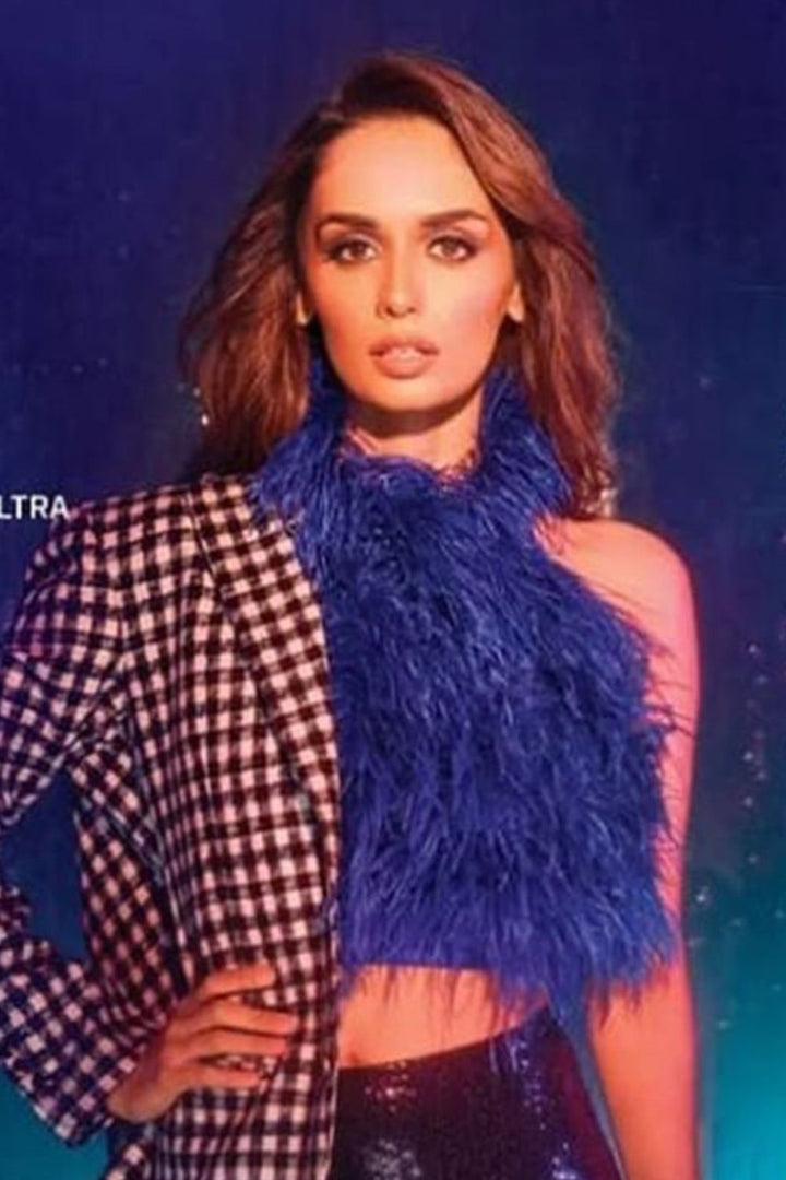 Manushi Chhillar In Our Electric Blue Halter Neck Feather Top