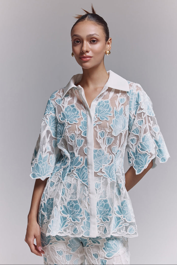 Tiffany Teal Velvet Lace Shirt