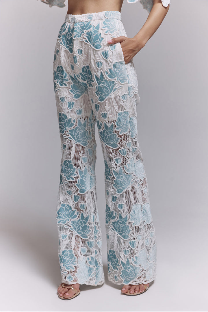 Tiffany Teal Velvet Lace Fit and Flared Pants