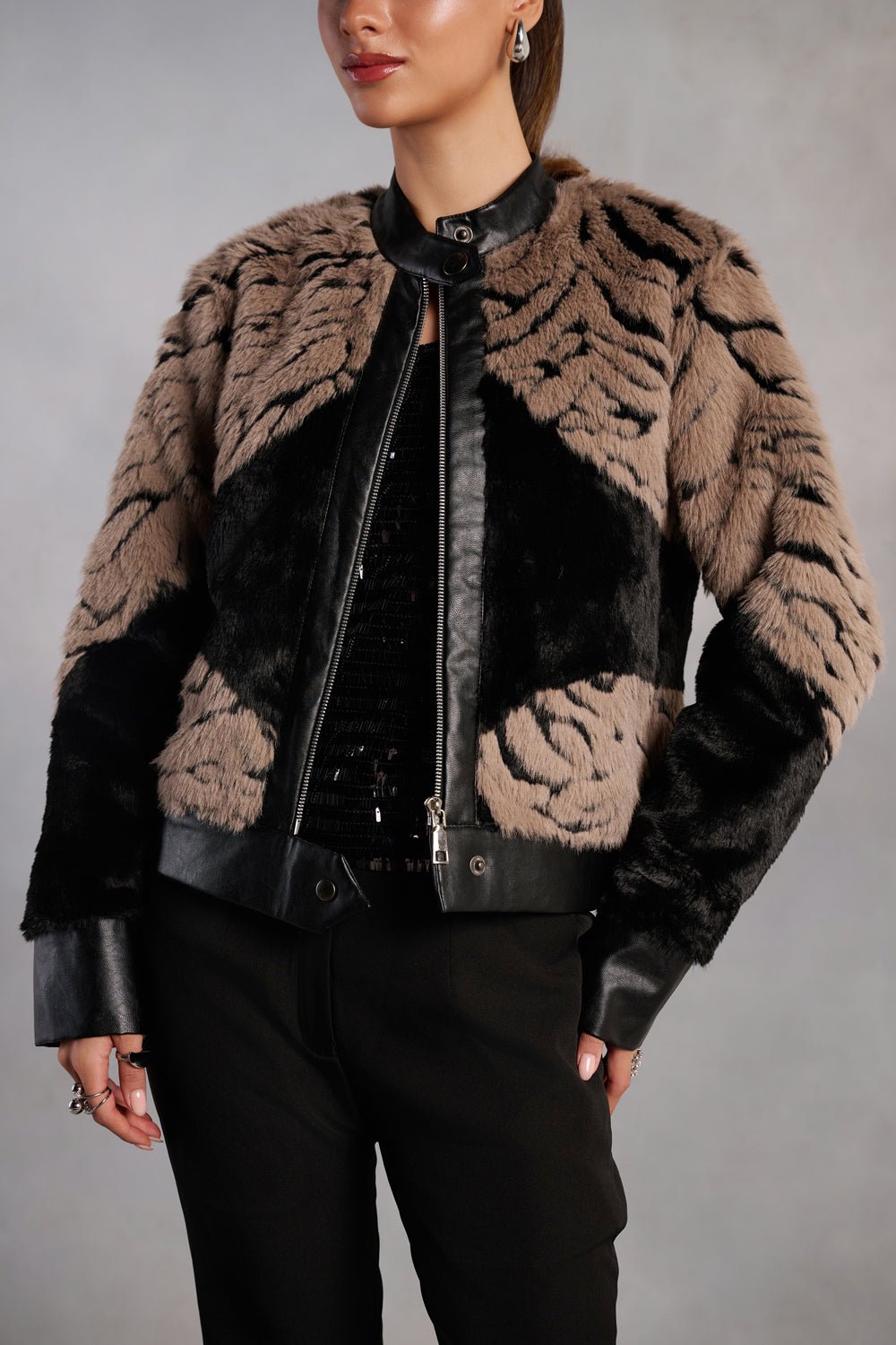 Abigail Black and Brown Patterned Fur Jacket - Zabella