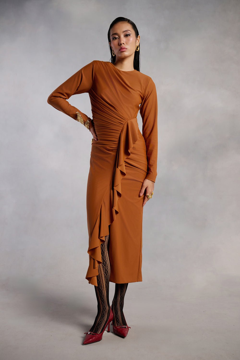 Adeline Brown Lycra Draped Midi Dress - Zabella