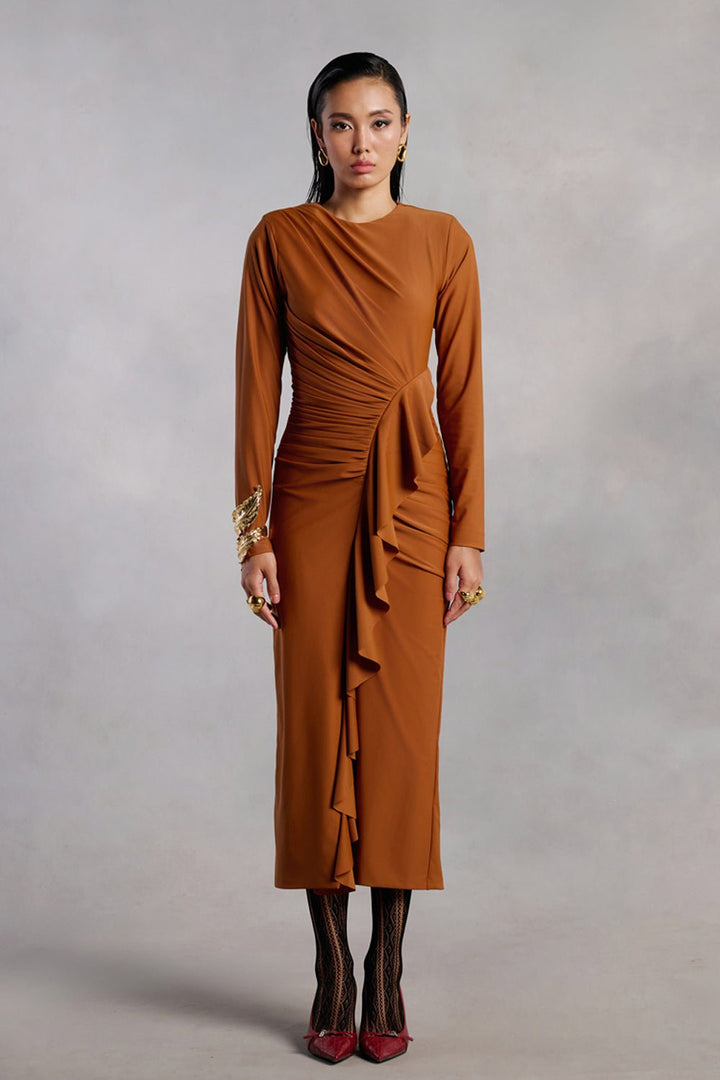 Adeline Brown Lycra Draped Midi Dress - Zabella