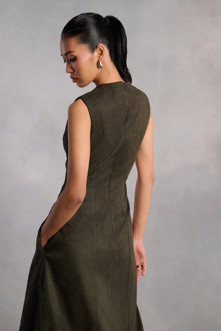 Adison Olive Suede Midi Dress - Zabella