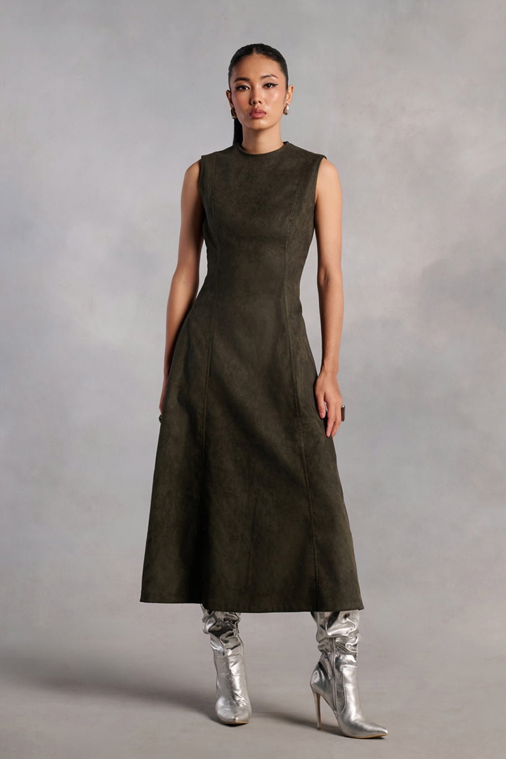 Adison Olive Suede Midi Dress - Zabella