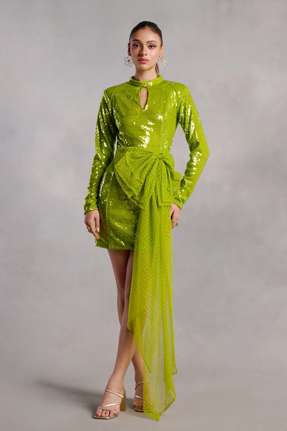 Alejandra Neon Green Sequins Dress With Belt - Zabella