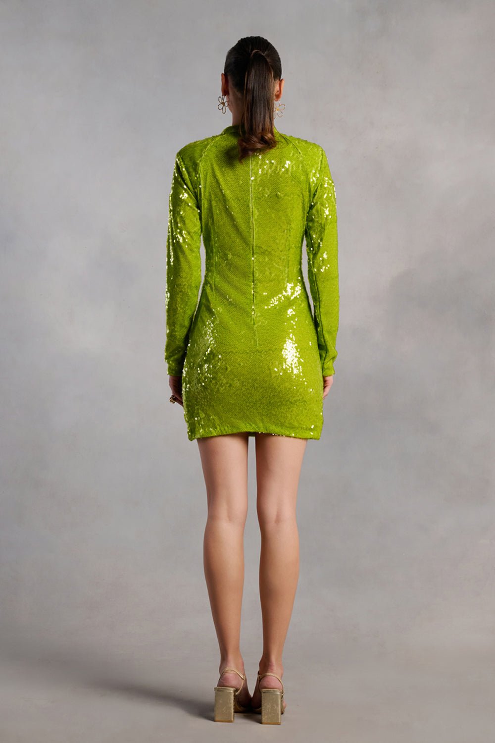 Alejandra Neon Green Sequins Dress With Belt - Zabella