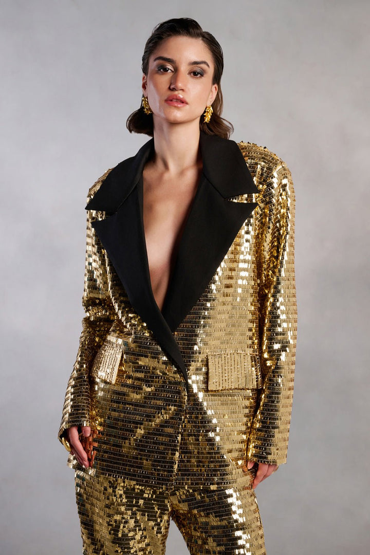 Alexa Gold Sequins Black Collar Blazer and Pants Suit - Zabella