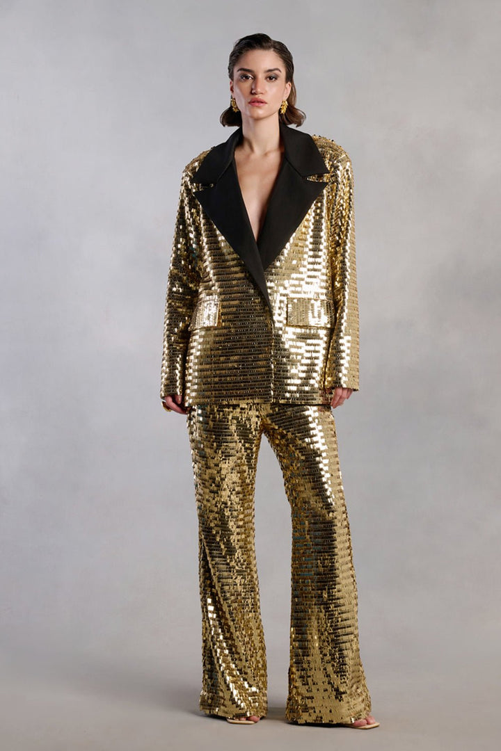 Alexa Gold Sequins Black Collar Blazer and Pants Suit - Zabella