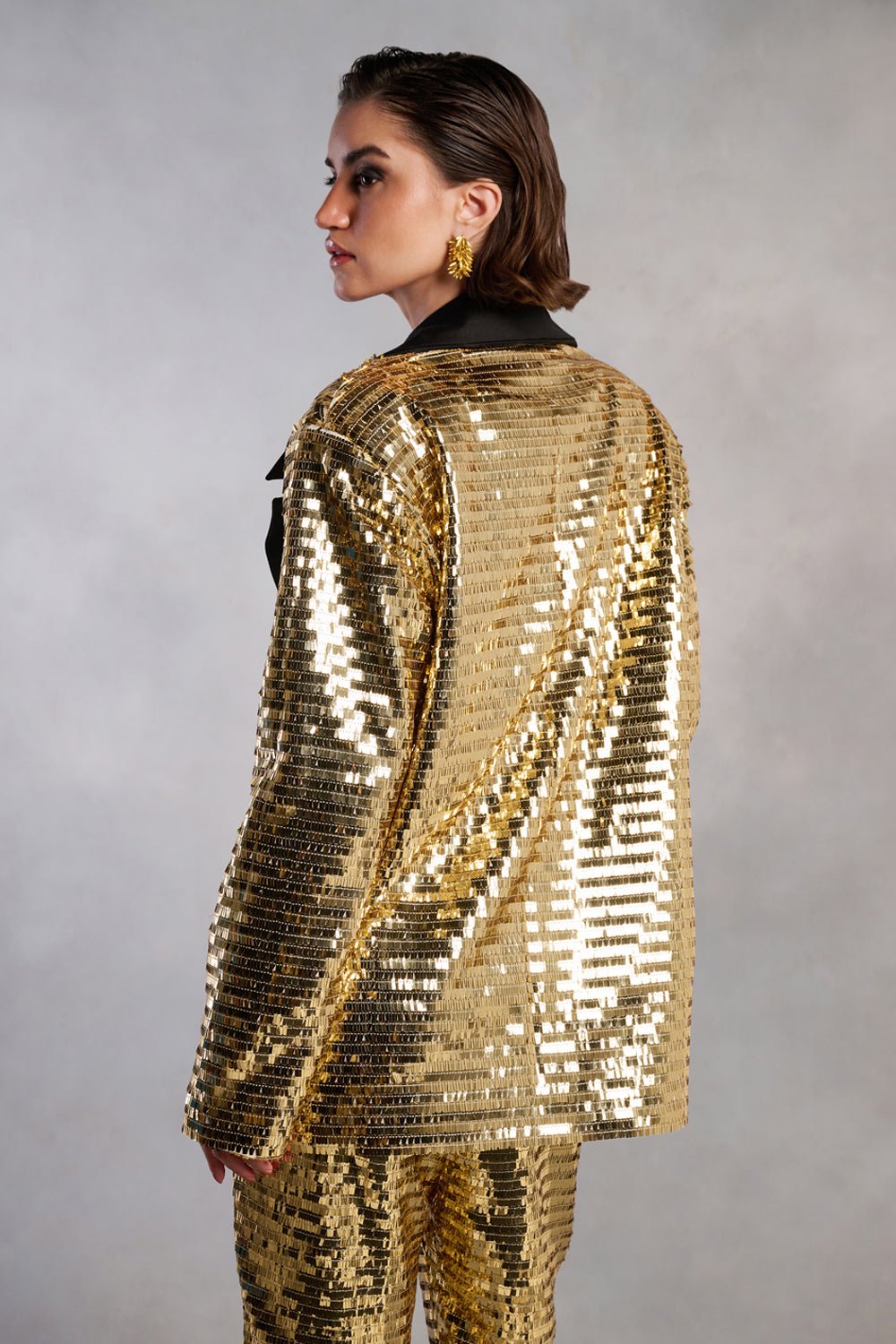 Alexa Gold Sequins Black Collar Blazer and Pants Suit - Zabella