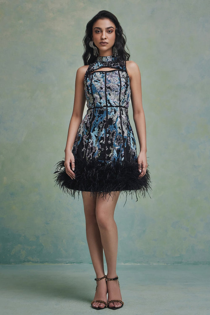 Ana Sequin Feather Mini Dress - Zabella