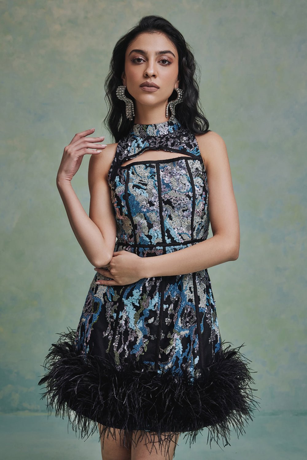 Ana Sequin Feather Mini Dress - Zabella