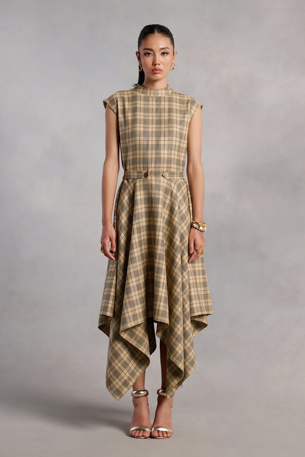 Ati Tan Checkered Flared Midi Dress - Zabella