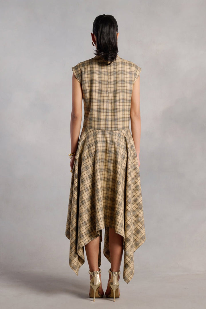 Ati Tan Checkered Flared Midi Dress - Zabella