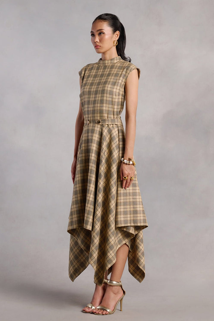 Ati Tan Checkered Flared Midi Dress - Zabella