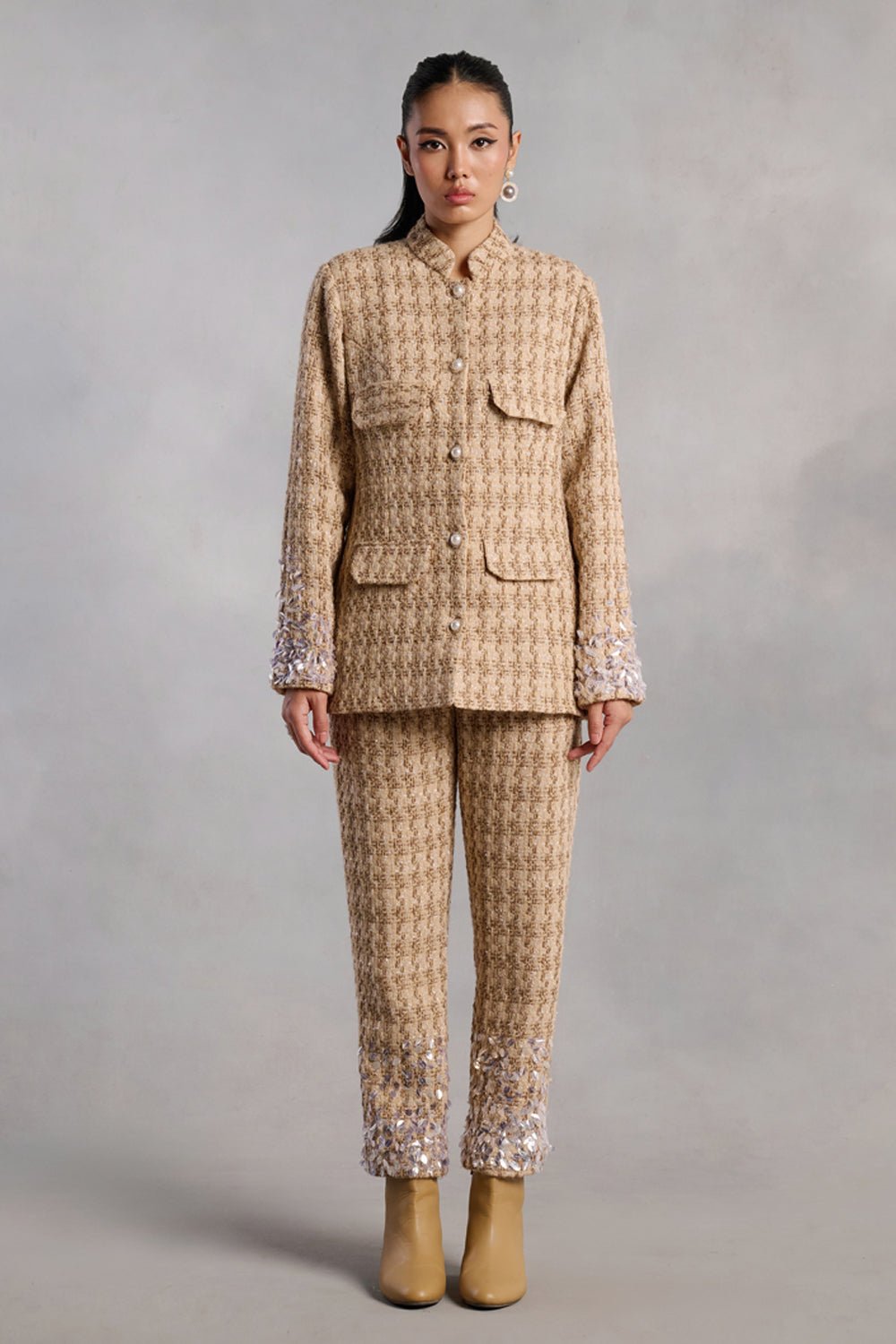 Autumn Tan Tweed Hand Embroidered Jacket - Zabella