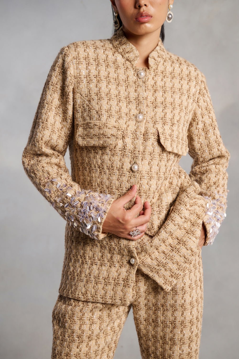 Autumn Tan Tweed Hand Embroidered Jacket - Zabella