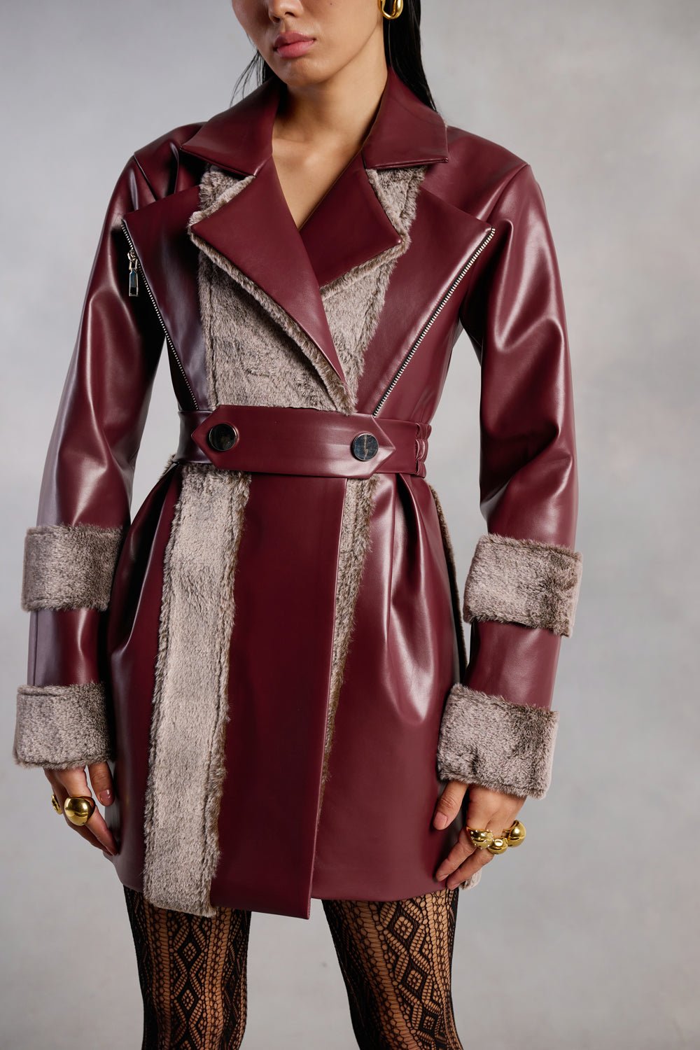 Bailey Burgundy Leather and Fur Coat Dress - Zabella