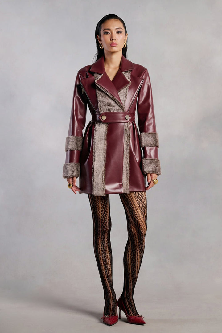 Bailey Burgundy Leather and Fur Coat Dress - Zabella