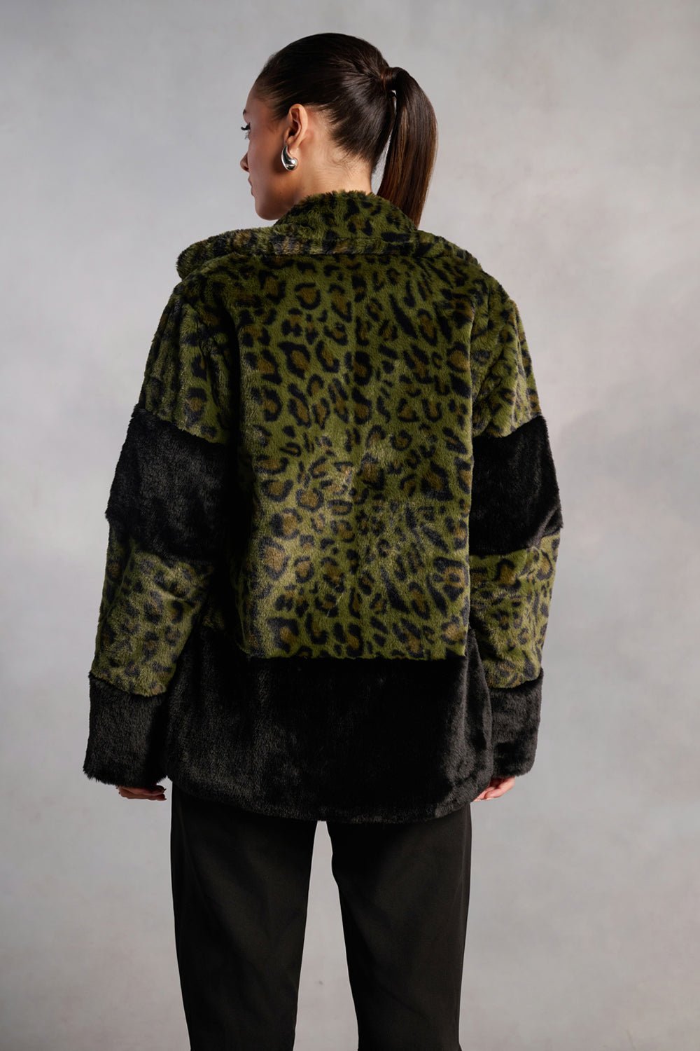 Bailey Olive Green and Black Animal Print Fur Jacket - Zabella