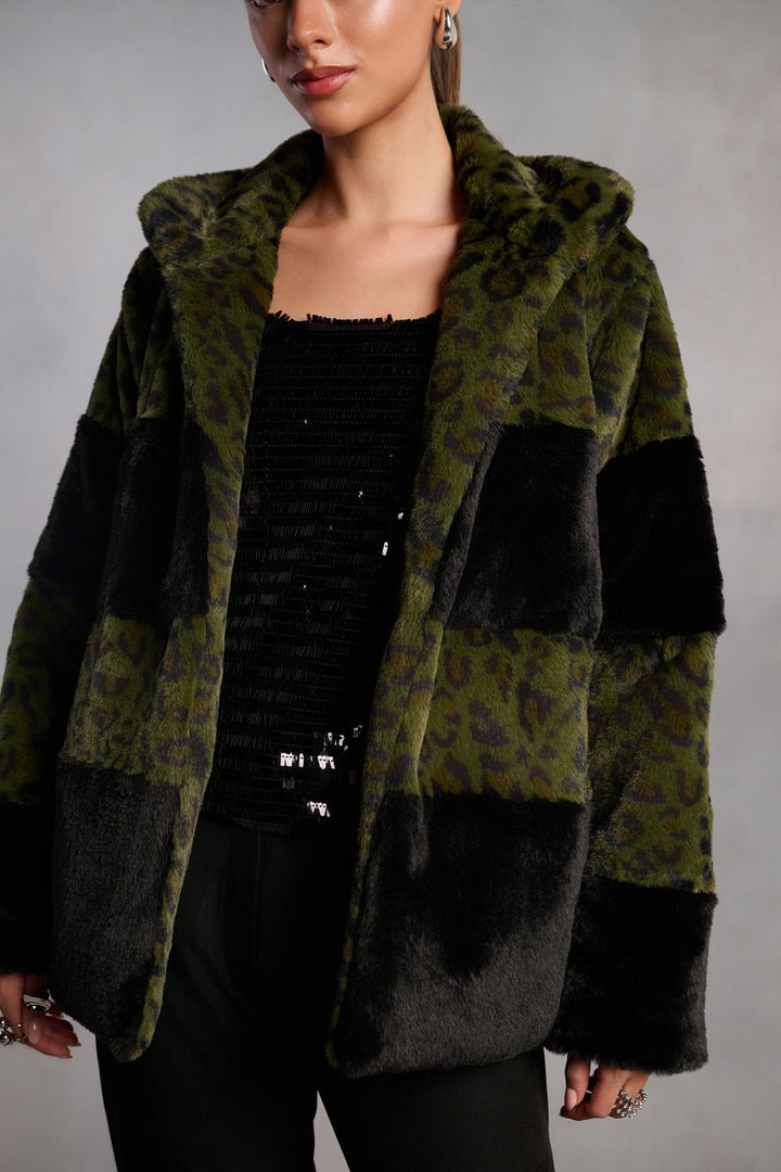 Bailey Olive Green and Black Animal Print Fur Jacket - Zabella