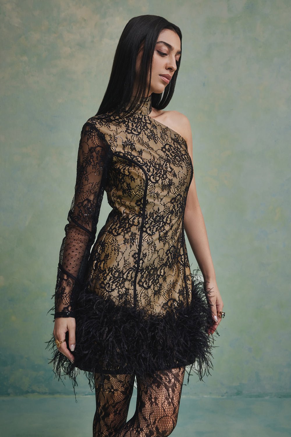 Bella One Shoulder Feather Mini Dress - Zabella