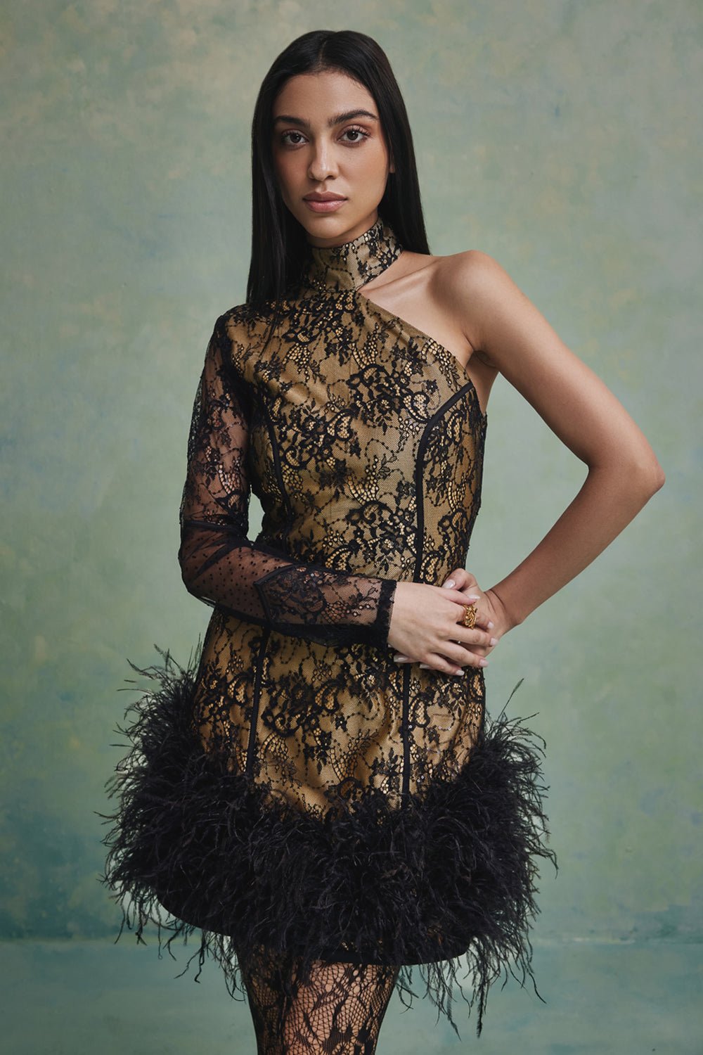 Zabella | Bella One Shoulder Feather Mini Dress XL | Striking and seductive, this asymmetric Mini Dress blends nude-toned structure with intricate Zabella | Bella One Shoulder Feather Mini Dress XL | Striking and seductive, this asymmetric Mini Dress blends nude-toned structure with intricate