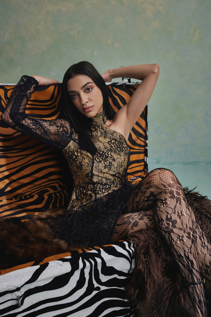 Bella One Shoulder Feather Mini Dress - Zabella