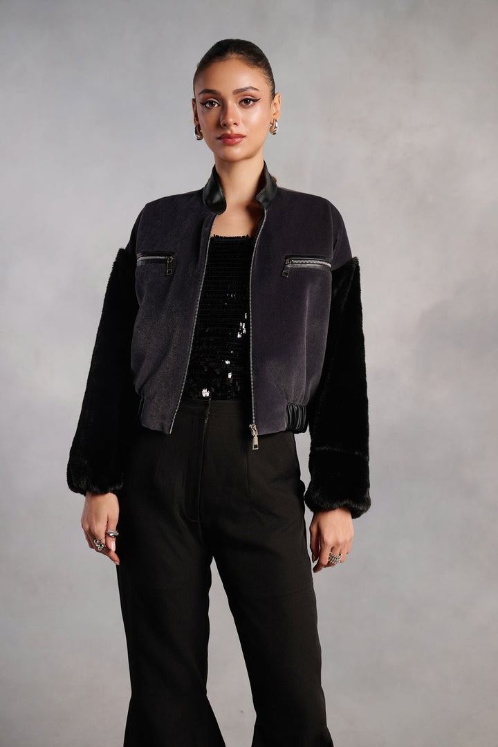 Brooklyn Black Suede and Fur Sleeves Jacket - Zabella