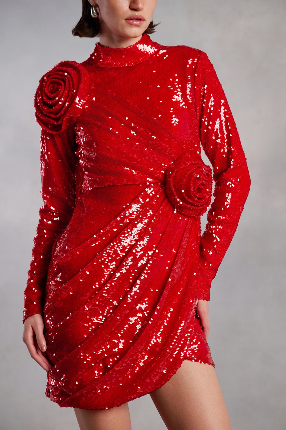 Cassidy Red Sequin Draped Mini Dress - Zabella