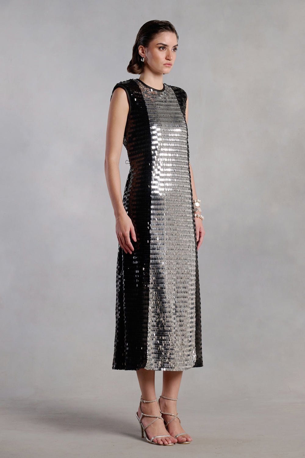 Dakota Silver and Black Sequins Panelled Midi Dress - Zabella