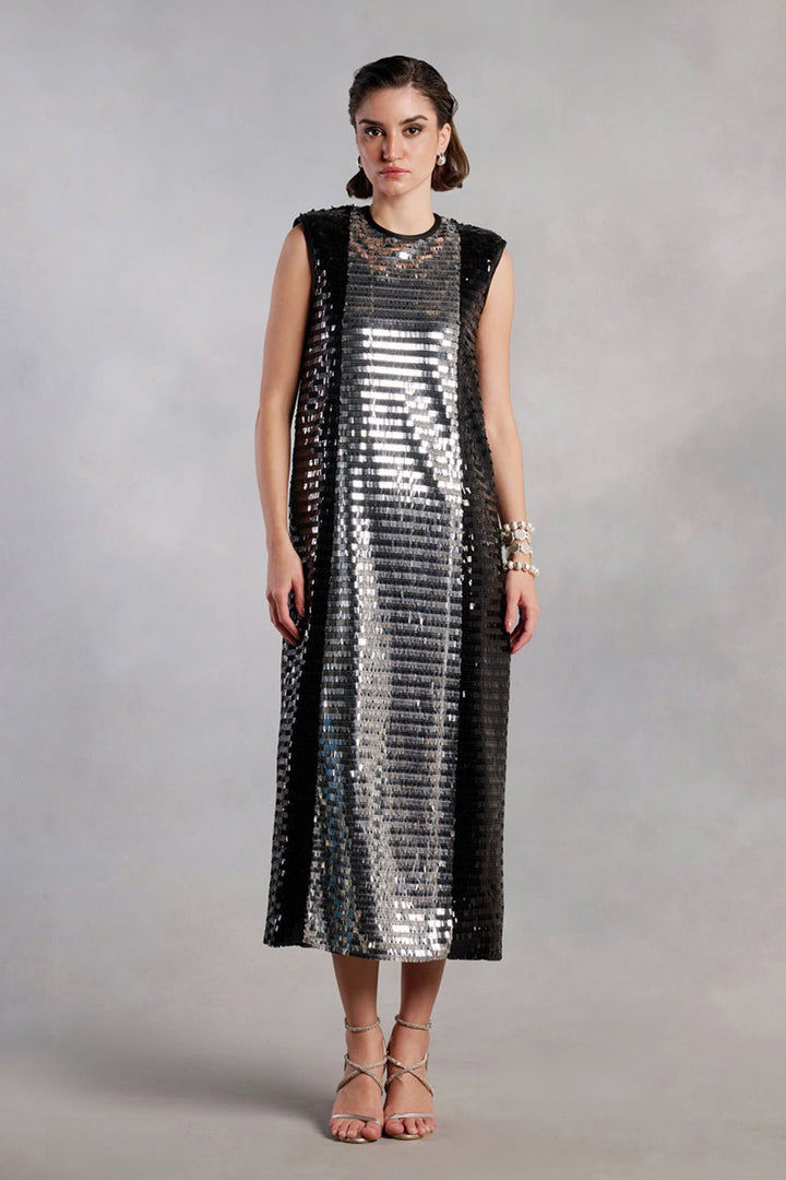 Dakota Silver and Black Sequins Panelled Midi Dress - Zabella