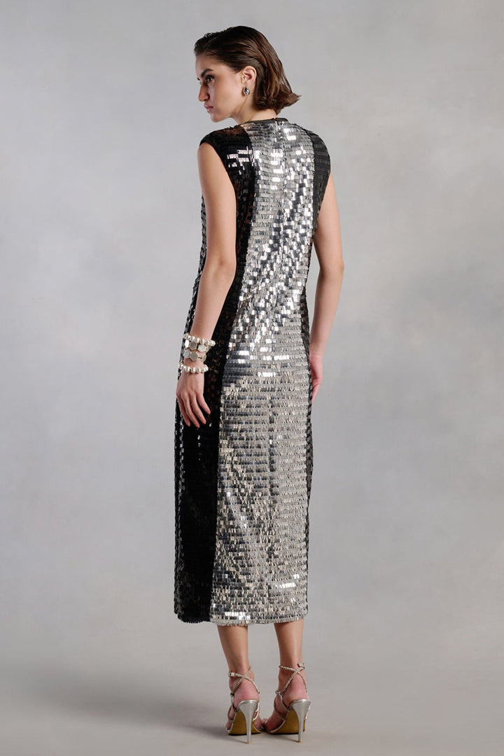 Dakota Silver and Black Sequins Panelled Midi Dress - Zabella