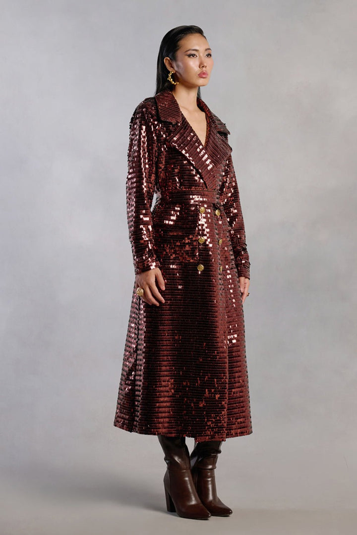 Daphne Brown Sequins Long Trench Coat - Zabella