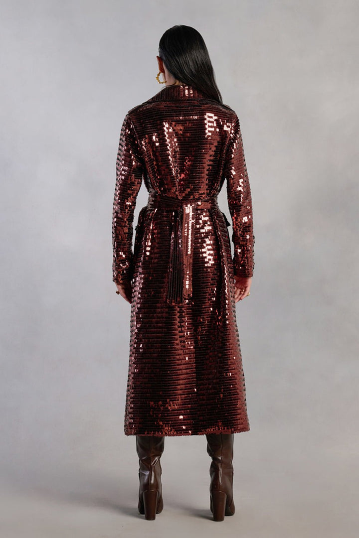 Daphne Brown Sequins Long Trench Coat - Zabella