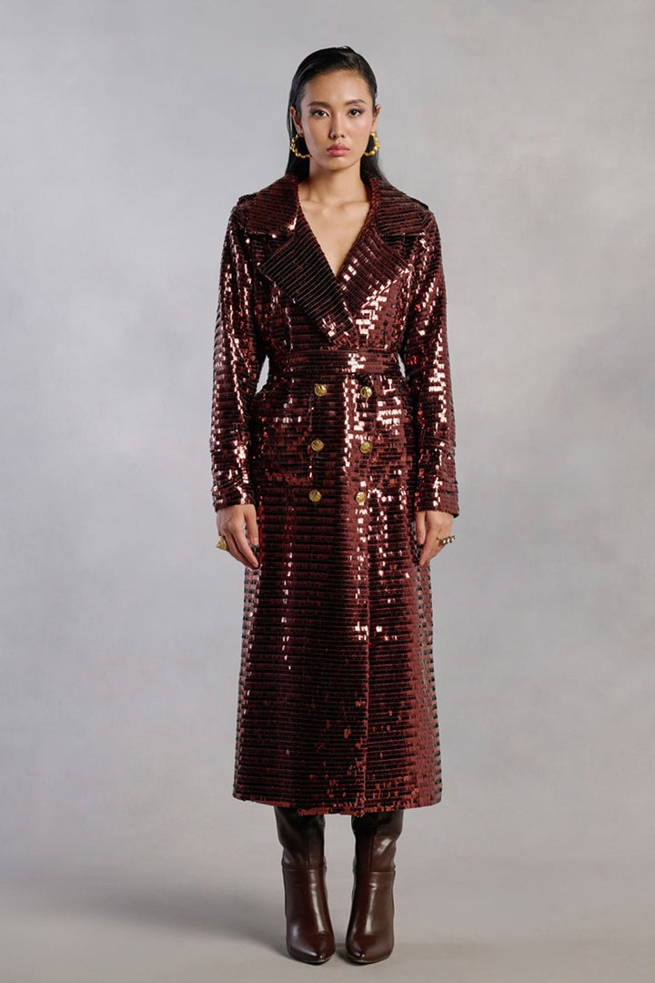 Daphne Brown Sequins Long Trench Coat - Zabella