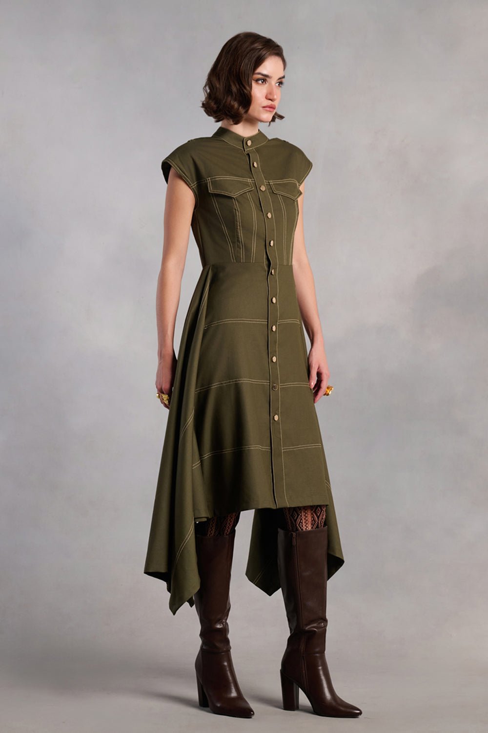 Eleanor Olive Green Flared Asymmetrical Midi Dress - Zabella