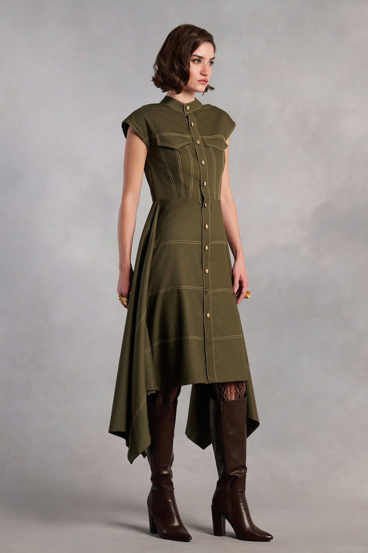 Eleanor Olive Green Flared Asymmetrical Midi Dress - Zabella