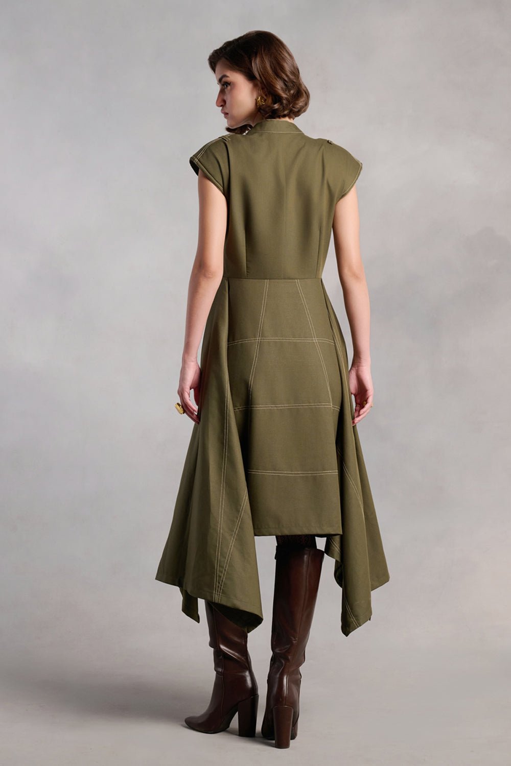 Eleanor Olive Green Flared Asymmetrical Midi Dress - Zabella