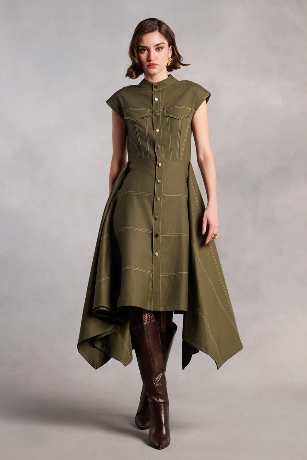 Eleanor Olive Green Flared Asymmetrical Midi Dress - Zabella