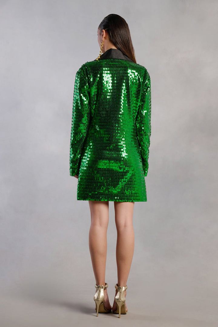 Eliza Green Sequins and Black Collar Mini Blazer Dress - Zabella