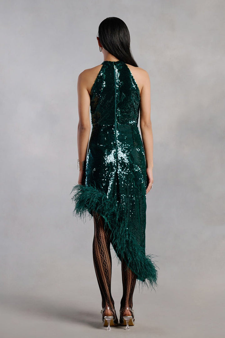 Finley Dark Green Sequins and Feather Halter Neck Asymmetrical Dress - Zabella