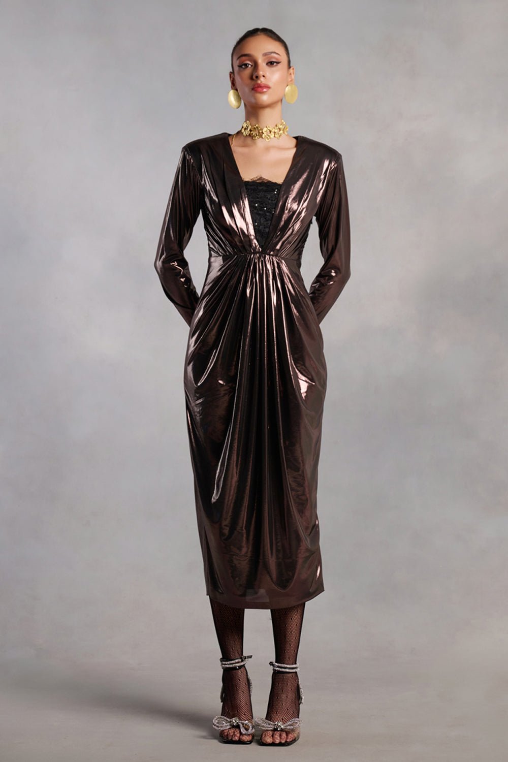 Georgia Brown Metallic Draped Midi Dress - Zabella