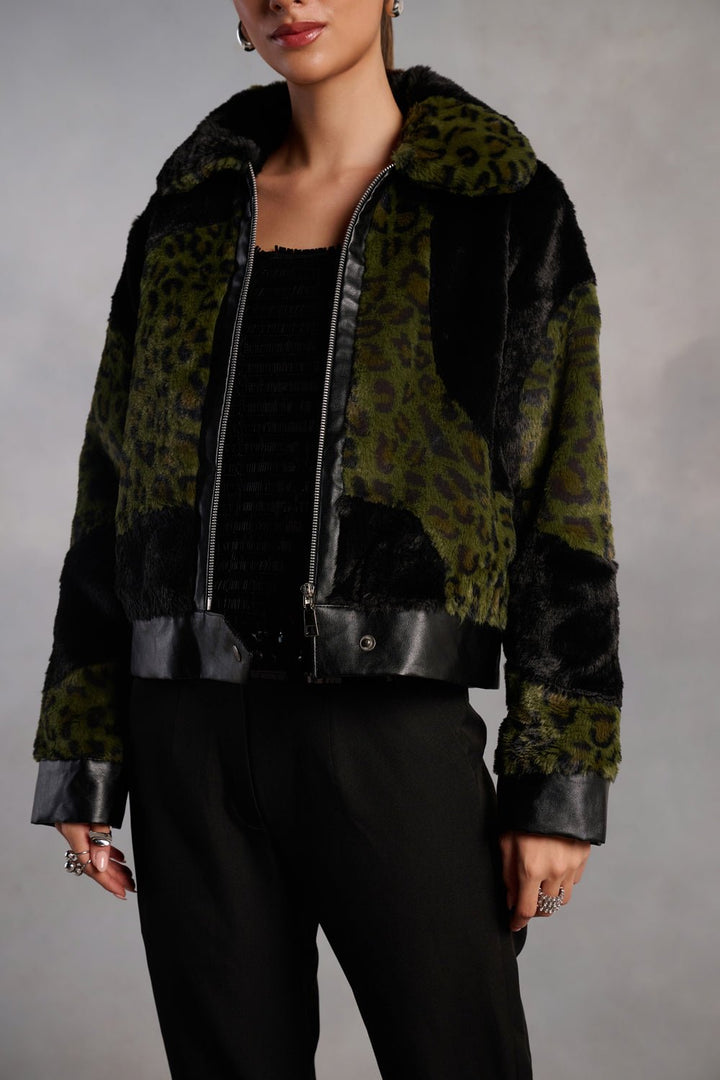 Grace Olive and Black Animal Print Fur Jacket - Zabella