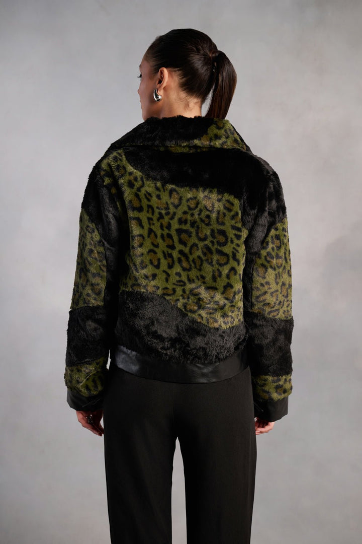 Grace Olive and Black Animal Print Fur Jacket - Zabella