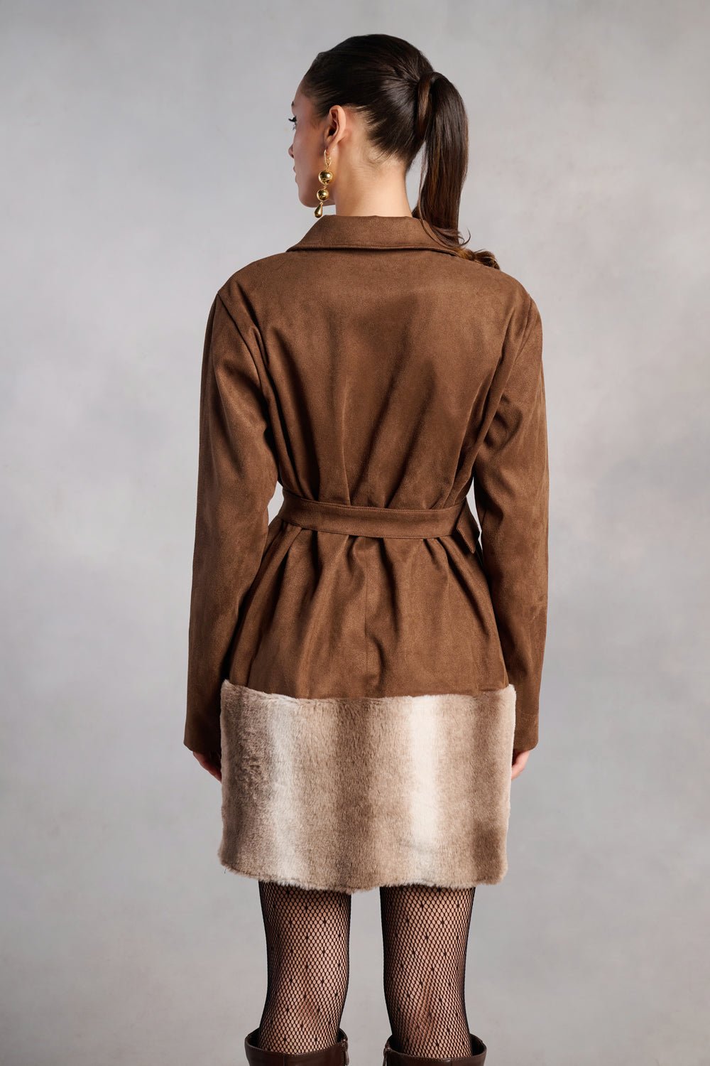 Juliana Brown Suede and Fur Coat Dress - Zabella